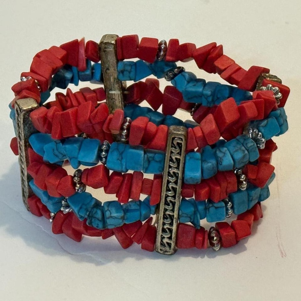Vintage Boho Chunky Wide Red‎ and Blue Stones Silver Tone Stretchable Bracelet